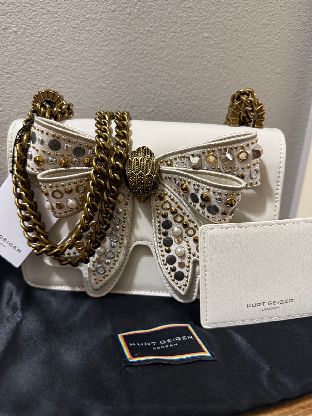 Kurt Geiger Chalk Colored Embellished Bow Leather Shoulder Bag! NWT